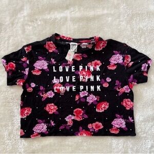 Pink VS Rhinestones Floral Print Cropped Top